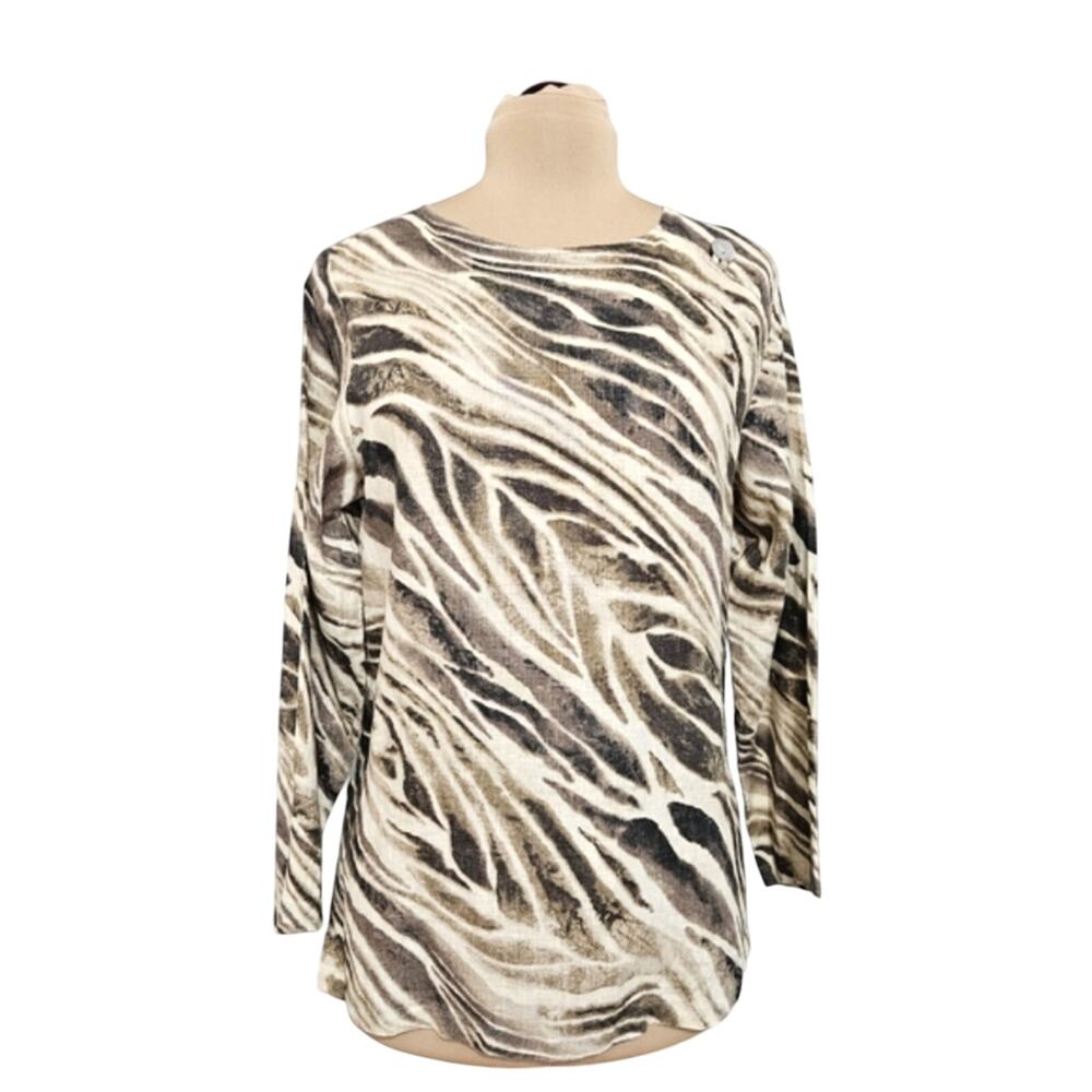 Vintage David Dart 100% Linen Animal Print Long Sleeve Brown Cream Tunic Top M